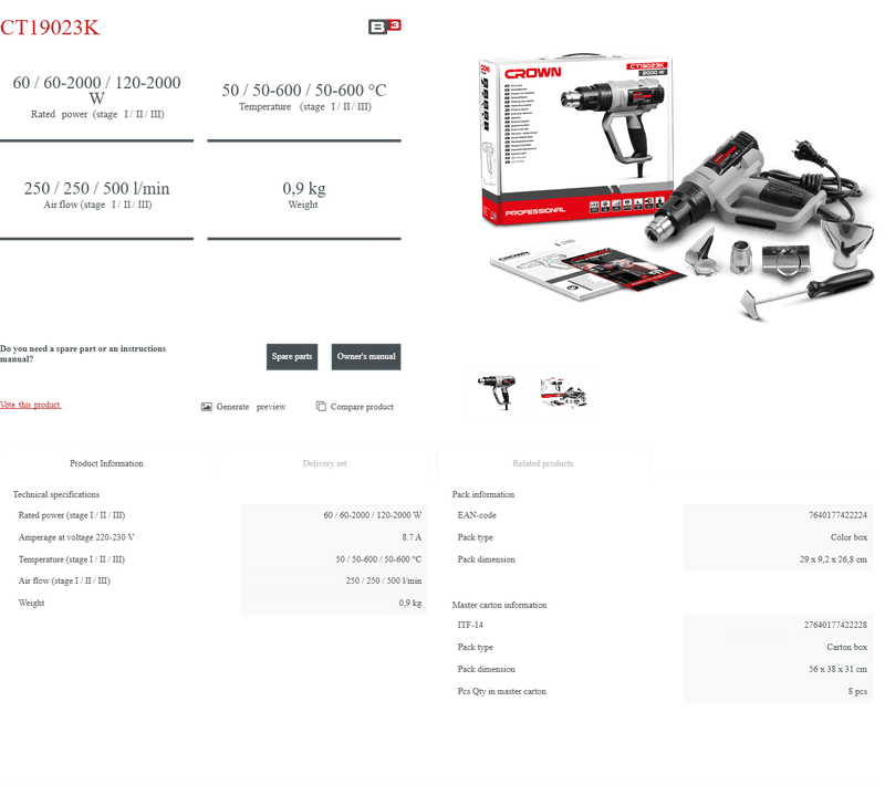 Pistola de Aire Caliente CT19023K | 2000W - GLOBALTEC PROFESSIONAL