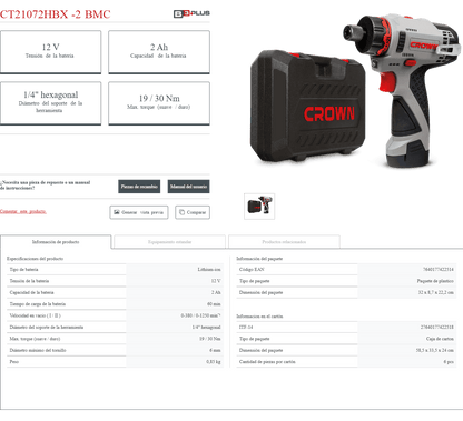 Destornillador Inalámbrico Crown CT21072HBX-2 BMC - GLOBALTEC PROFESSIONAL