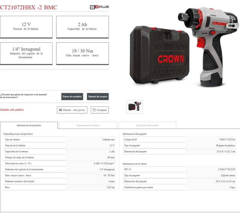 Destornillador Inalámbrico Crown CT21072HBX-2 BMC – 12 V 2 Ah, 30 Nm, 0–380/0–1250 rpm, hex 1/4", 2 baterías, LED y carga en 60 min | Compacto 0,85 kg - GLOBALTEC PROFESSIONAL