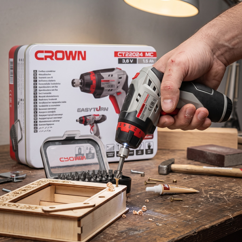 Uso del atornillador a batería Crown Professional para apretar tornillos en espacios reducidos del hogar